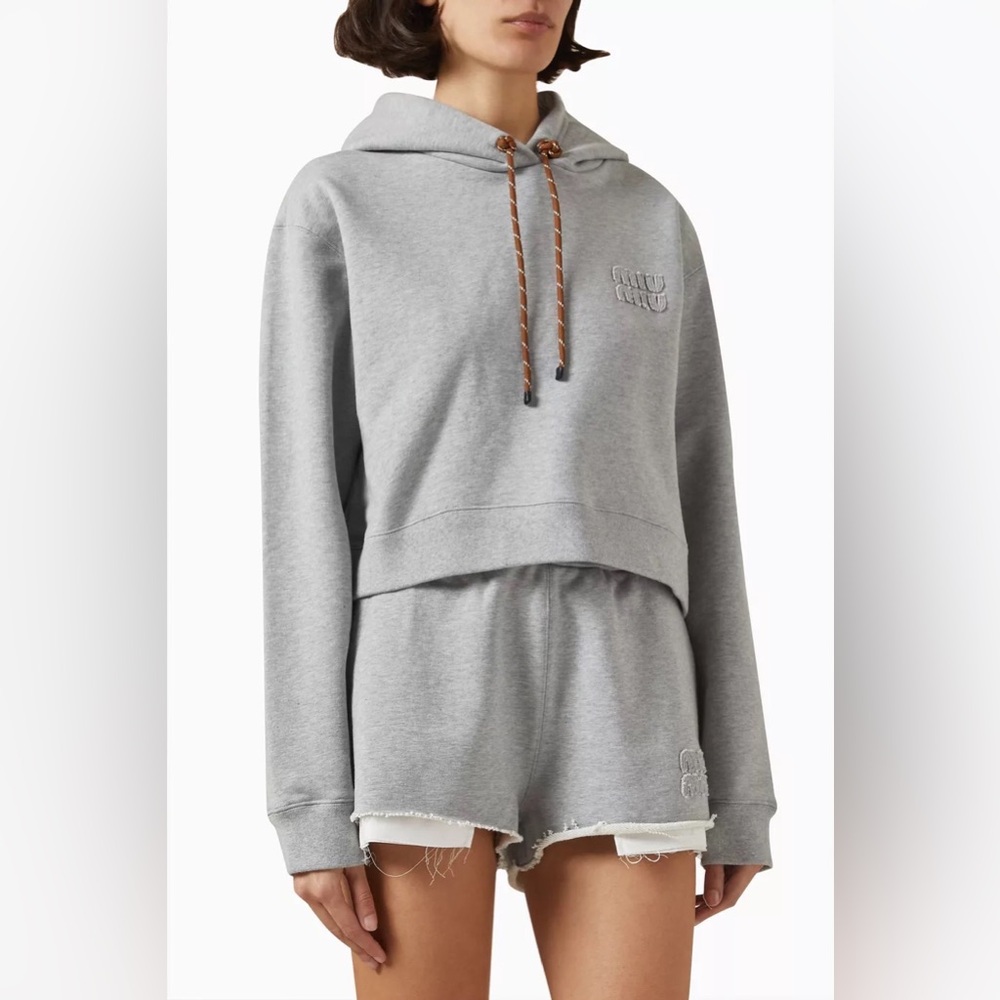 Miu Miu Cropped Grey Jersey Hoodie